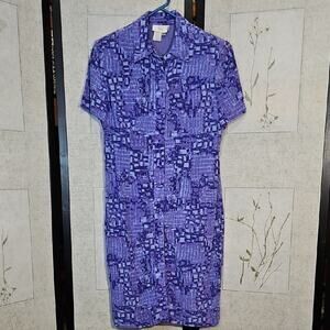Purple Midi Dress with Abstract Print and Short Sleeves